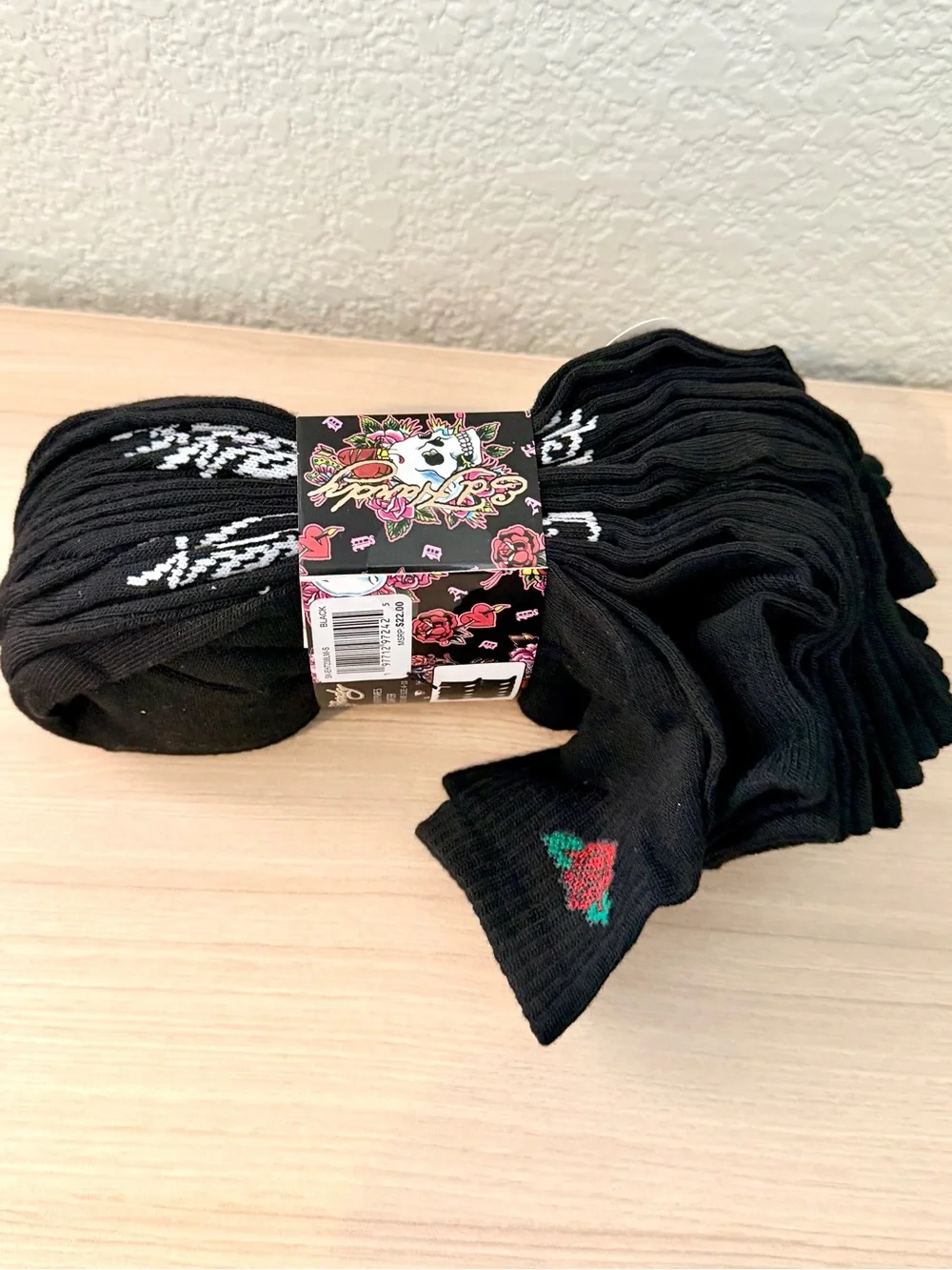 Ed Hardy Black Crew Socks with Rose Embroidery -10 Pack